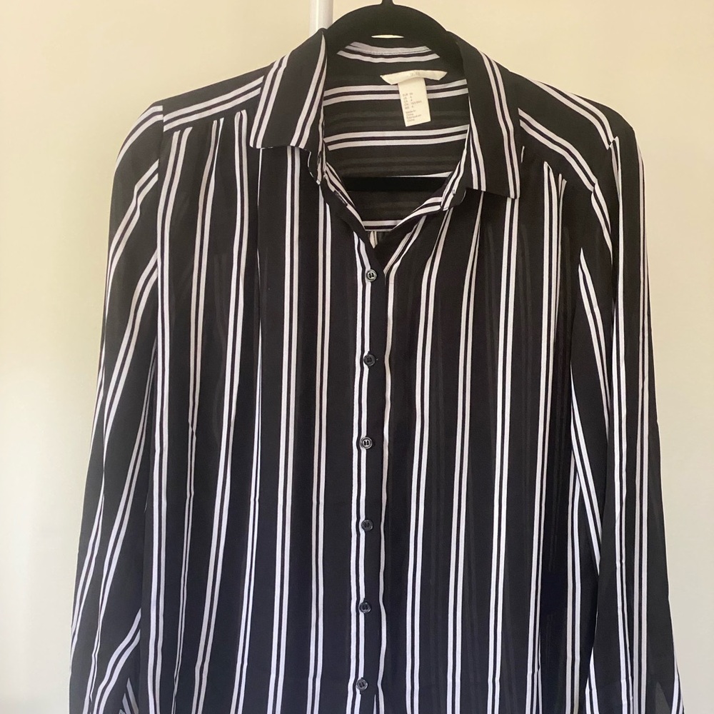 H&M Black and White Striped sheer button down Top